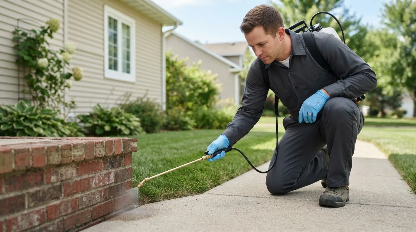 Pest control technician treating a home near Monticello, IN
